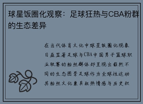 球星饭圈化观察：足球狂热与CBA粉群的生态差异