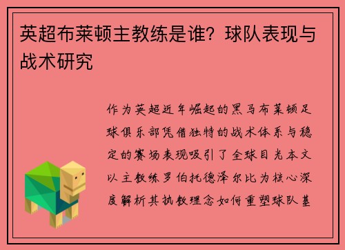 英超布莱顿主教练是谁？球队表现与战术研究
