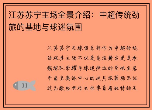 江苏苏宁主场全景介绍：中超传统劲旅的基地与球迷氛围