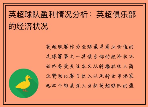 英超球队盈利情况分析：英超俱乐部的经济状况