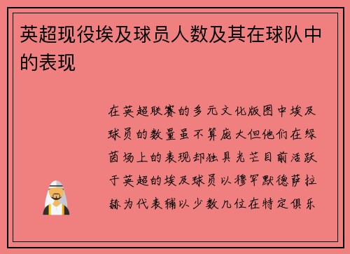 英超现役埃及球员人数及其在球队中的表现